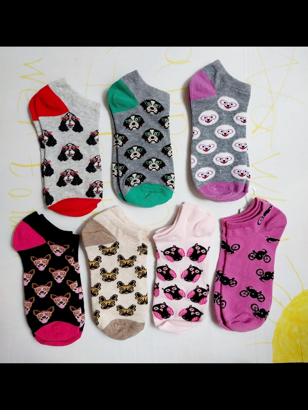 Assorted Cute Animal & Bike No-Show Socks - Gray, Pink, Purple, Black, Cream